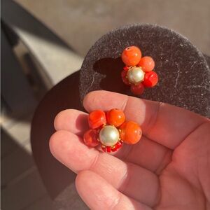 Vintage Carnegie Pearl-Center Orange Cluster Clip-On Earrings